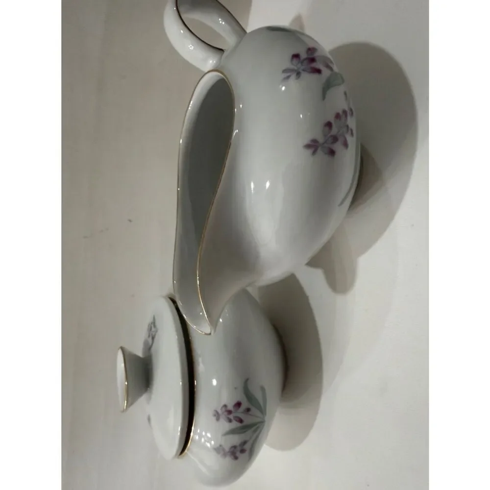 R KPM Krister Germany White Porcelain Creamer Sugar Bowl Tea Set Purple Floral